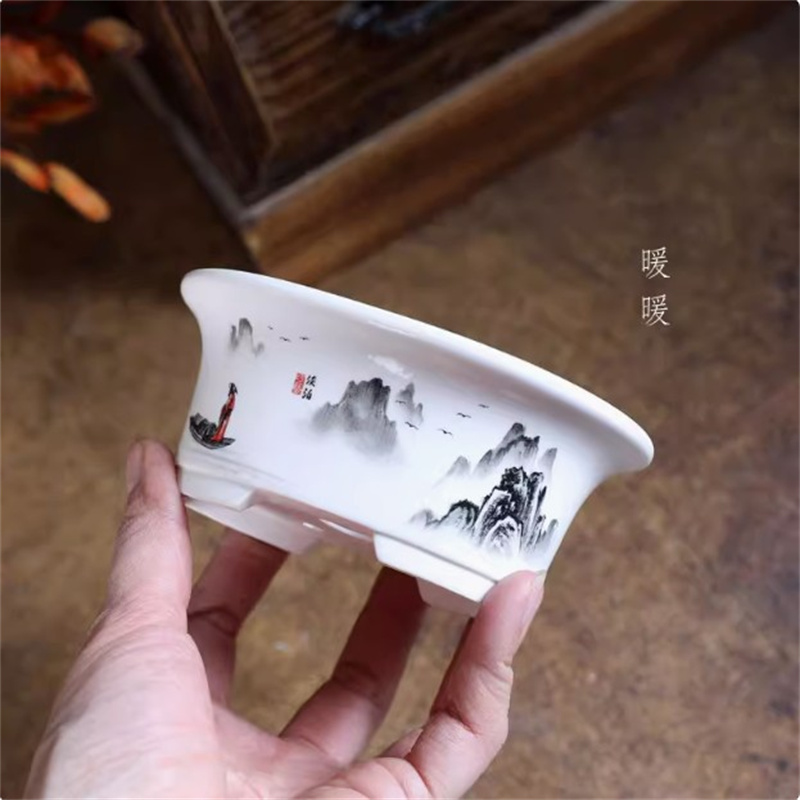Plant Pot Small Desk - Porcelain White Oval Bonsai Pot,Mini Pot,Round,Small