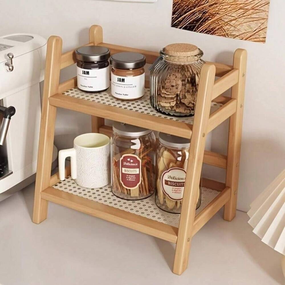 Desk Setup Shelves - 2-Tier Bamboo Countertop Storage Rack, Wooden