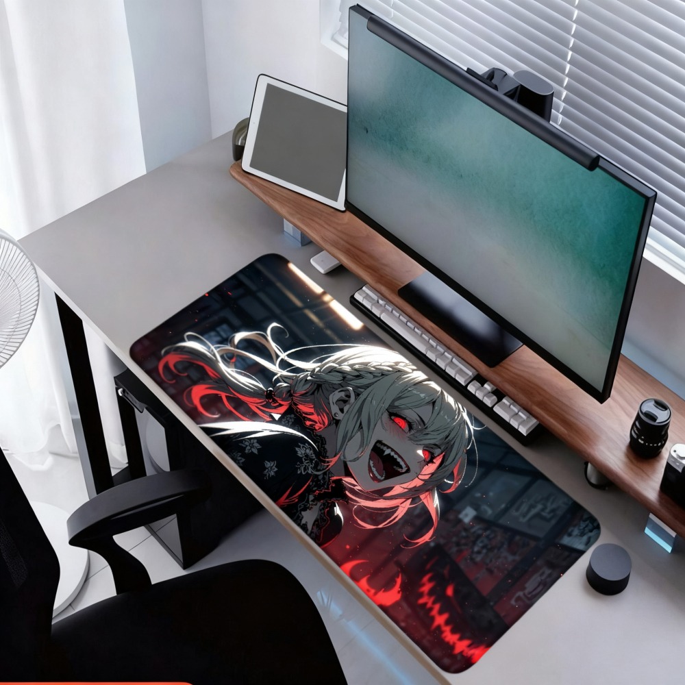 An anime girl with red flames  - Desk Setup Red recension och pris